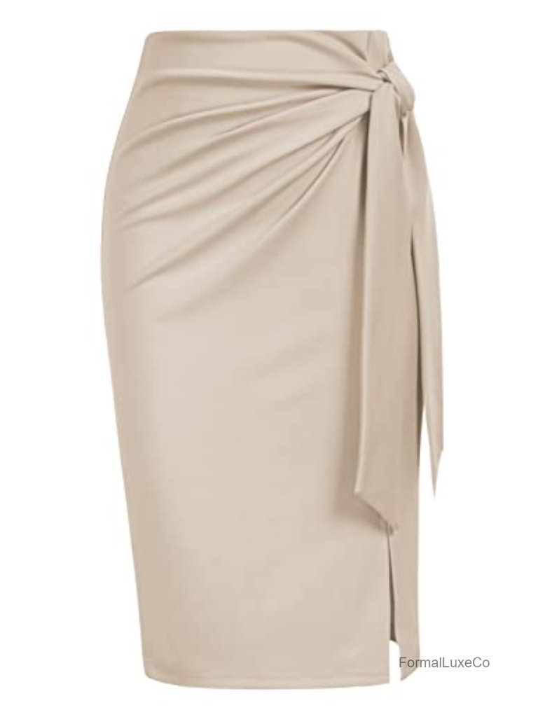 Stretch Pencil Skirt High Waist Bow Tie Side Zip Knee Length Office Party